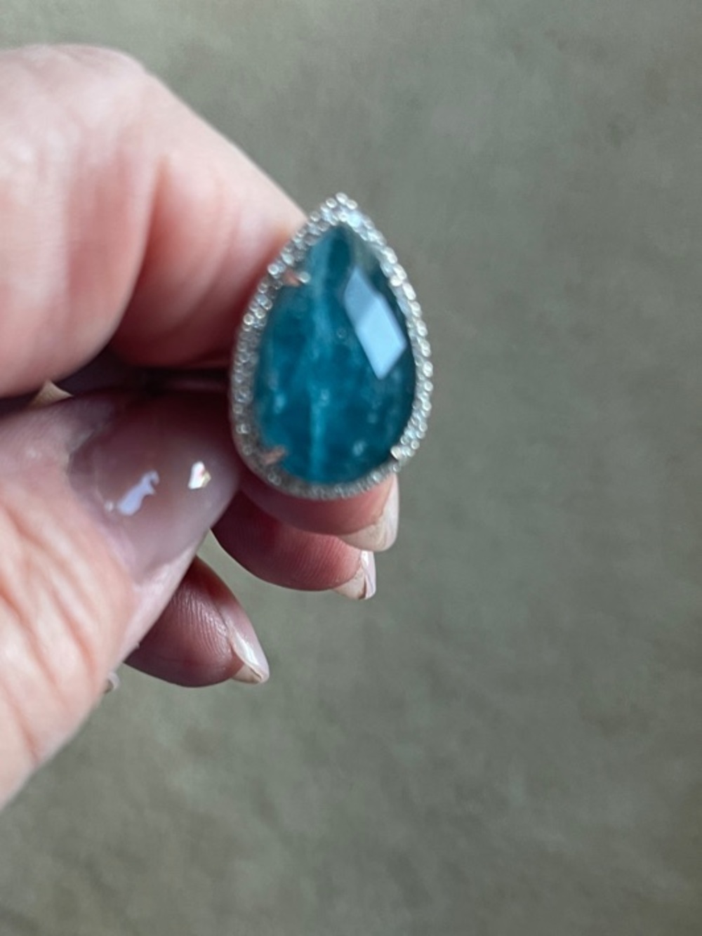 Teardrop Clear Quartz over Apatite Gem 18k Ring with Pavé Halo - Women Jewelry